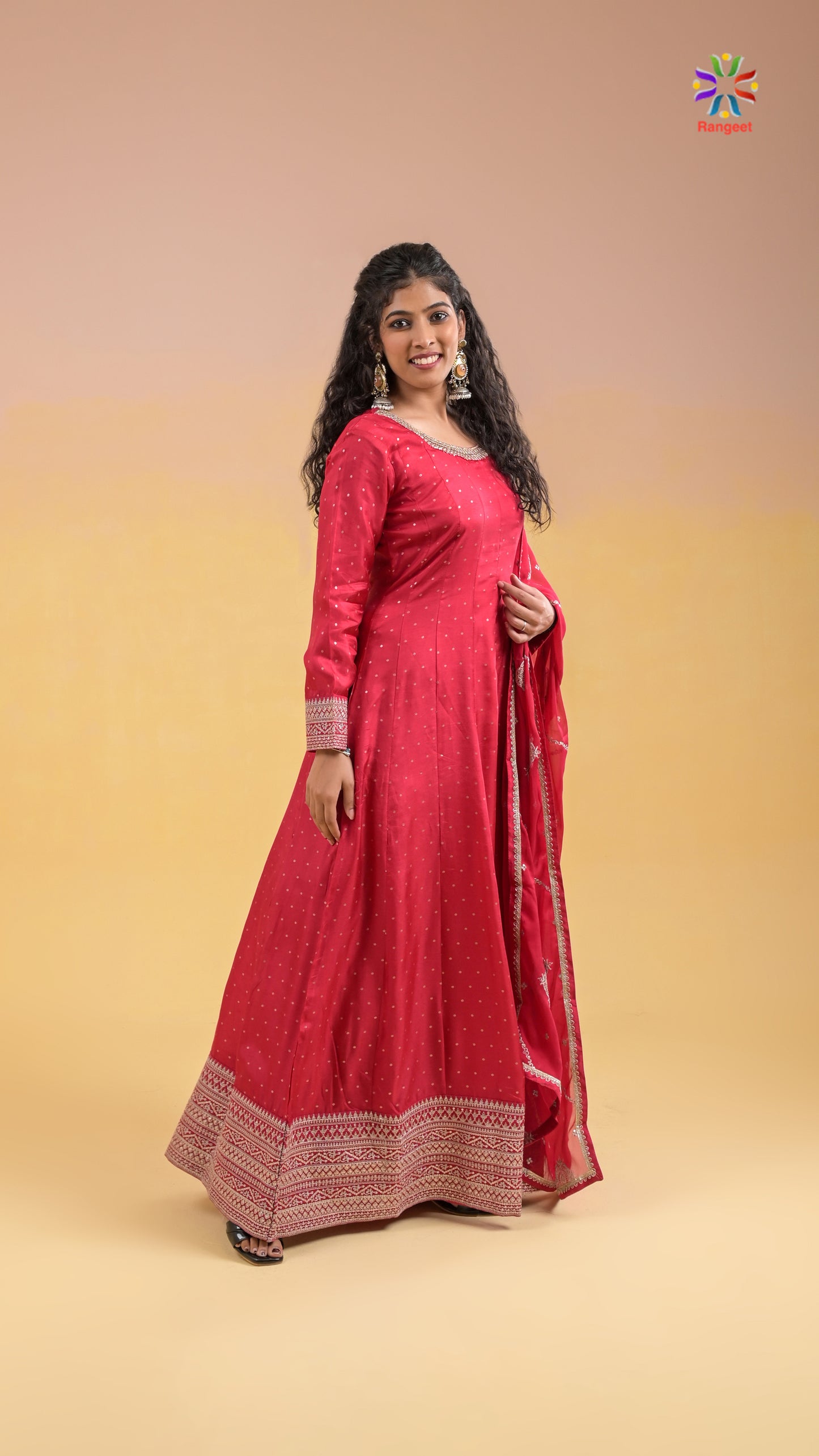 magenta zair-embroidered long anarkali wedding-wear silk gown with dupatta