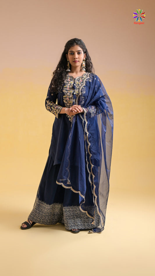 Dark-Blue Multi Threads and Zari Embroidered Wedding and Occasion Wear Silk Sharara Set with Organza Dupatta