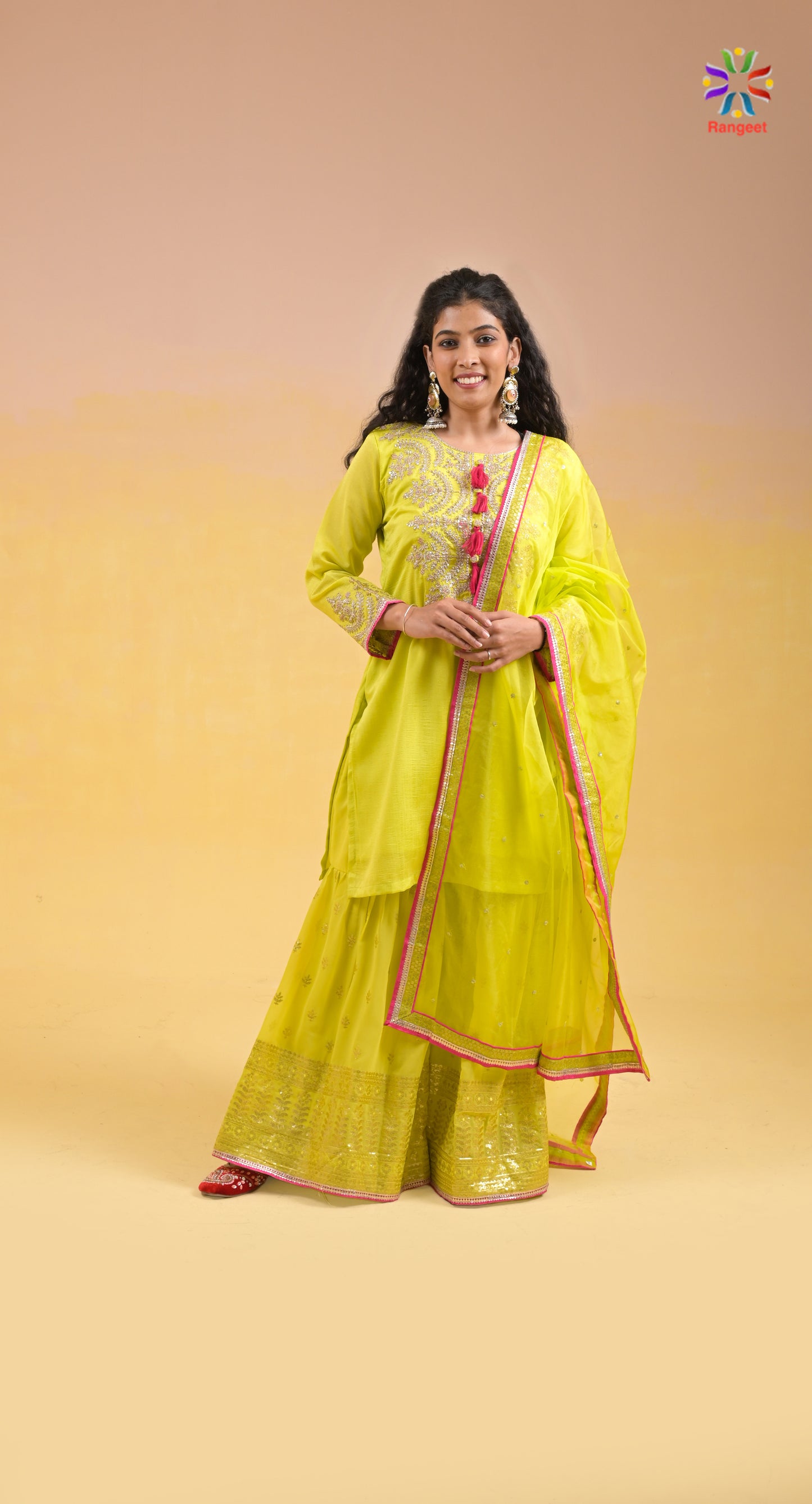 neon-green heavy-embroidered wedding-wear chinon kurta with georgette bottom sharara set