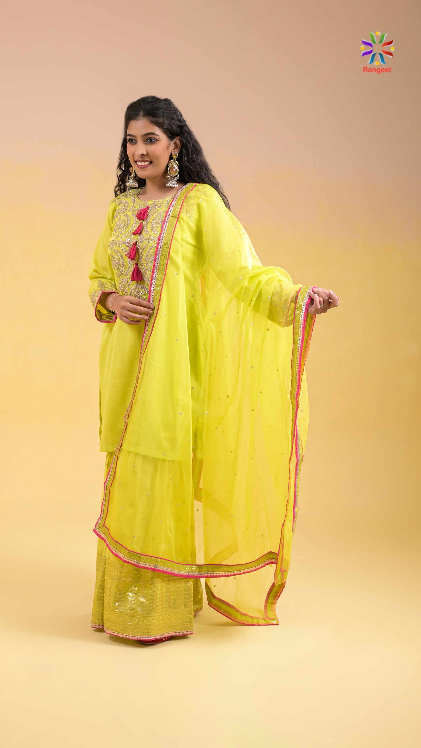 neon-green heavy-embroidered wedding-wear chinon kurta with georgette bottom sharara set