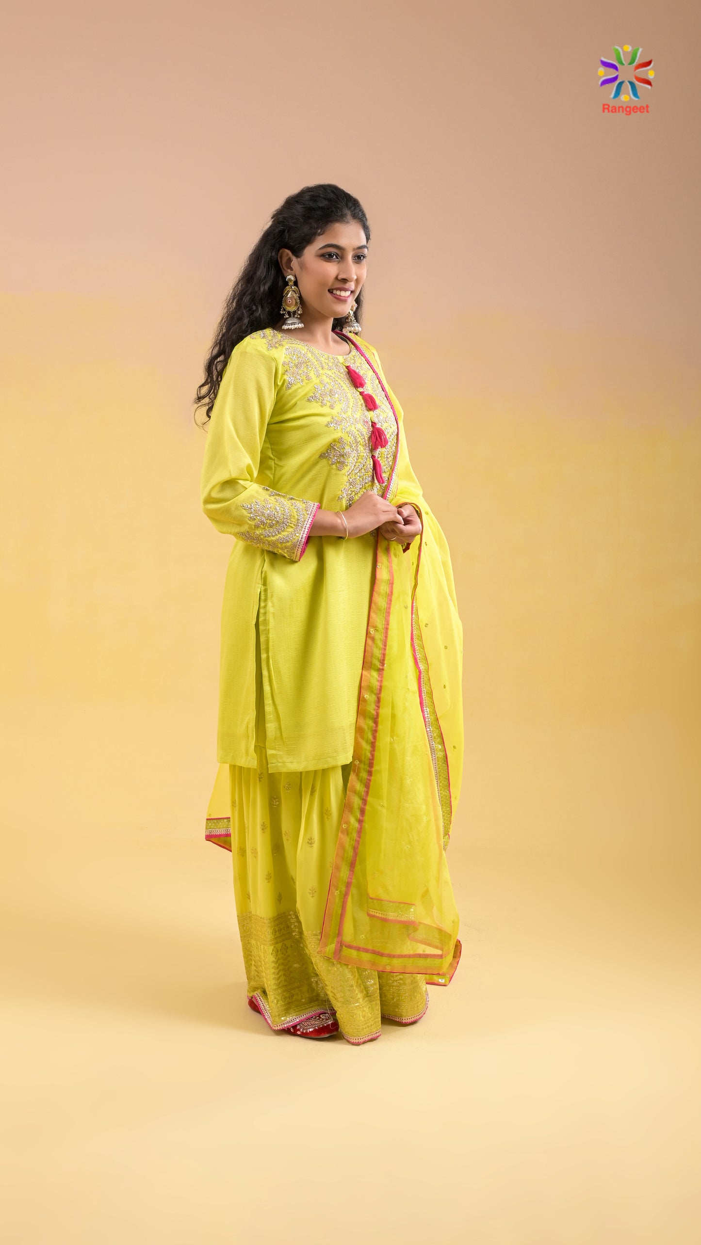 neon-green heavy-embroidered wedding-wear chinon kurta with georgette bottom sharara set