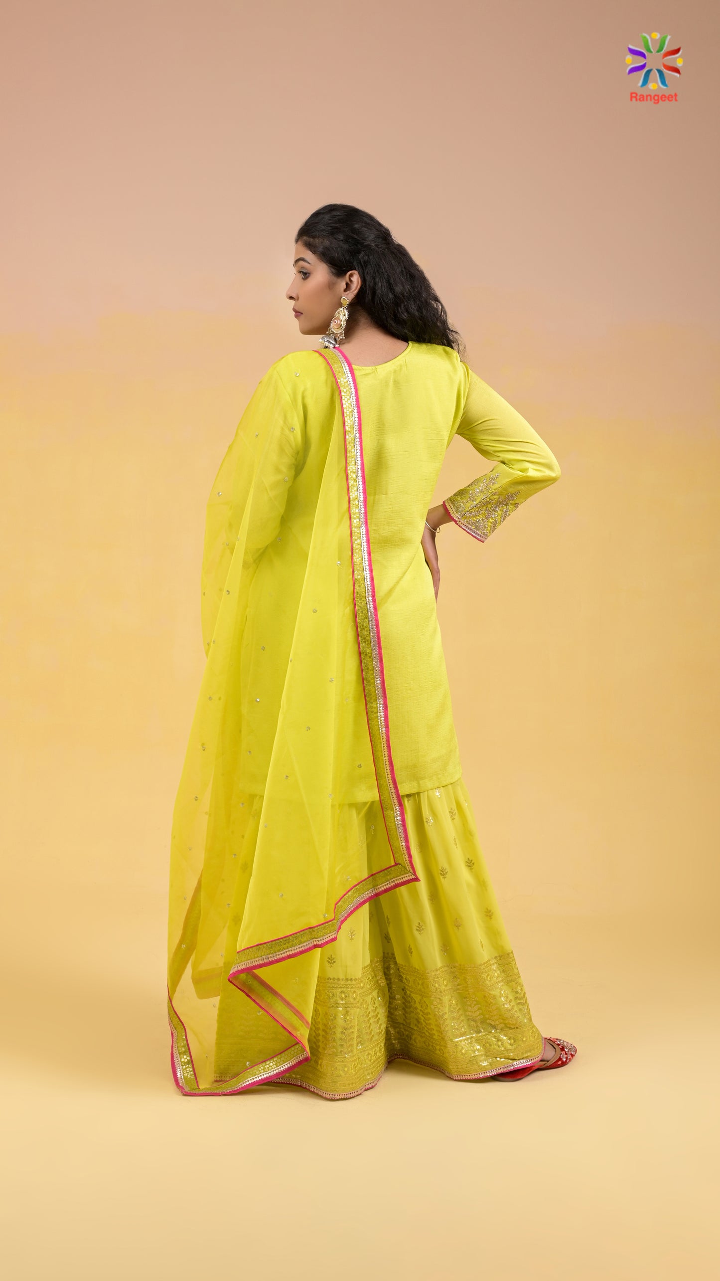 neon-green heavy-embroidered wedding-wear chinon kurta with georgette bottom sharara set