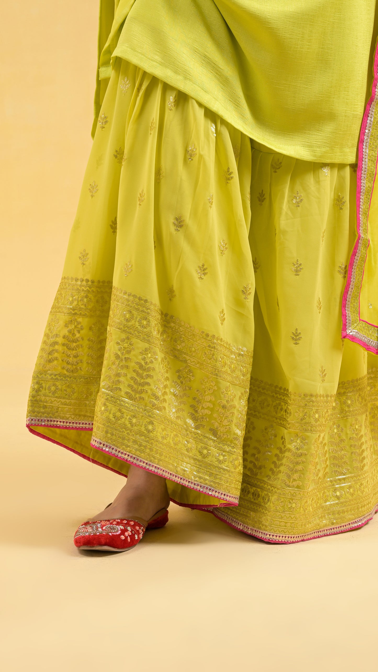 neon-green heavy-embroidered wedding-wear chinon kurta with georgette bottom sharara set