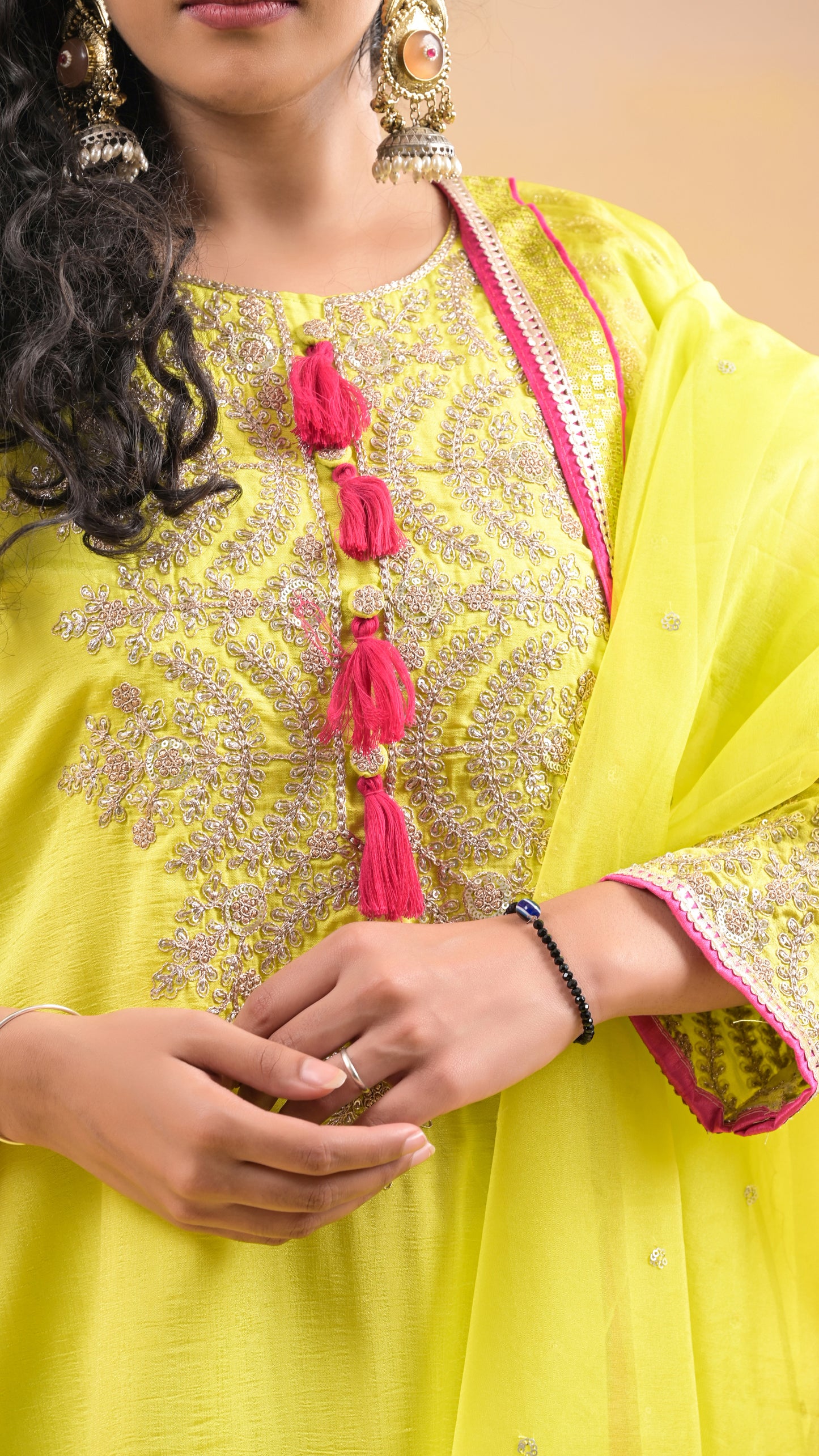 neon-green heavy-embroidered wedding-wear chinon kurta with georgette bottom sharara set