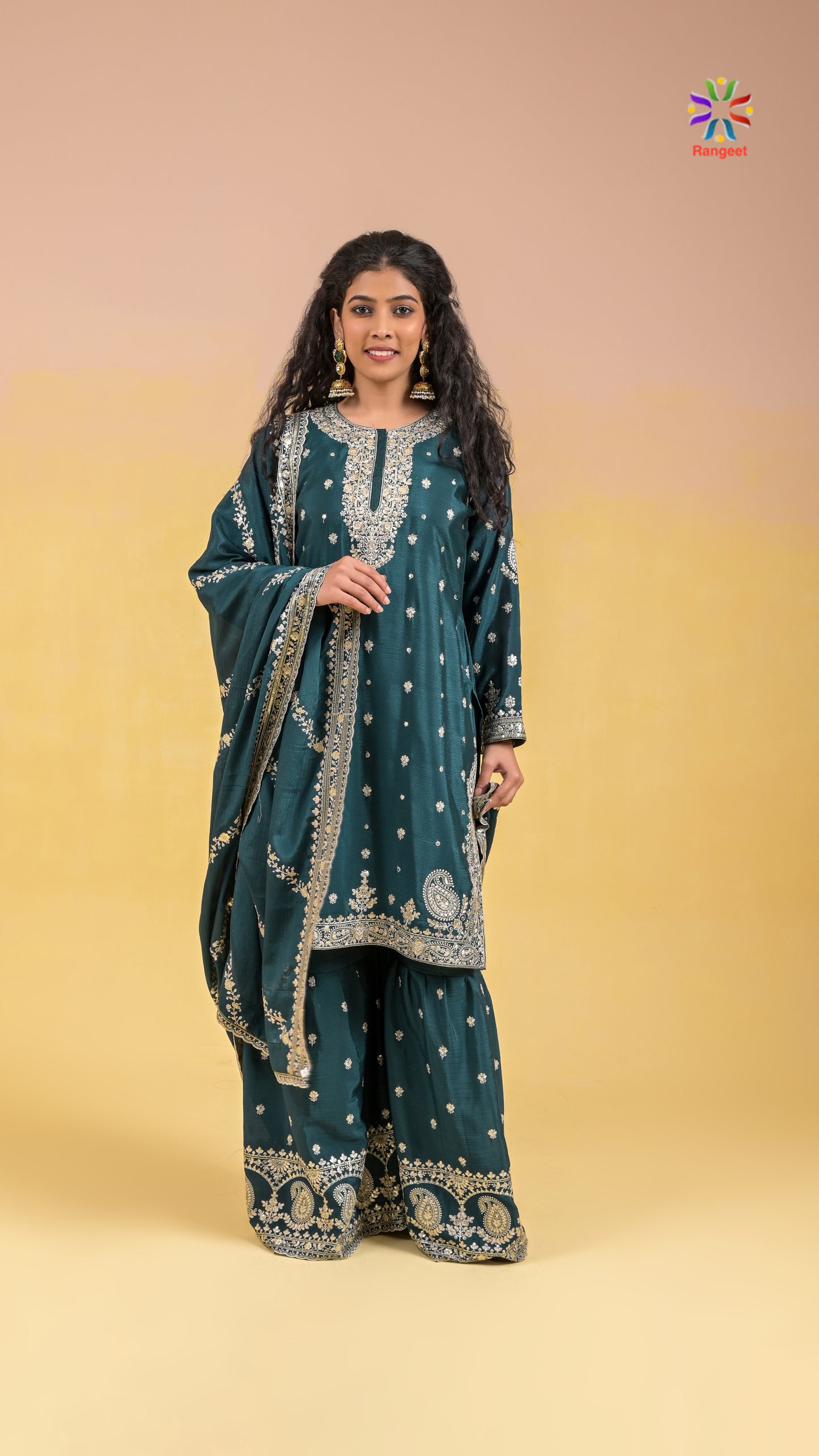 teal-green full-embroidered wedding-wear chinnon sharara set