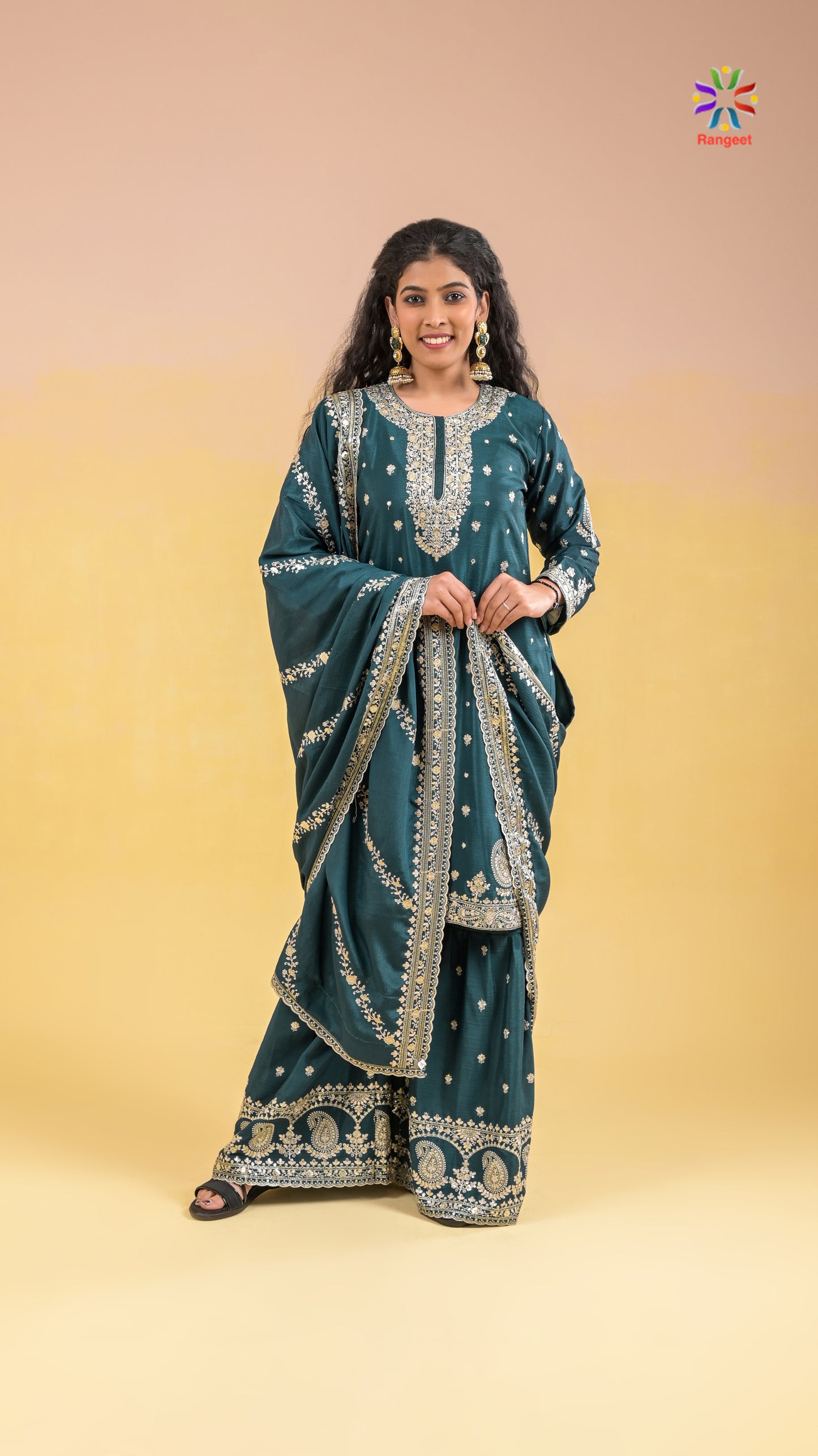 teal-green full-embroidered wedding-wear chinnon sharara set