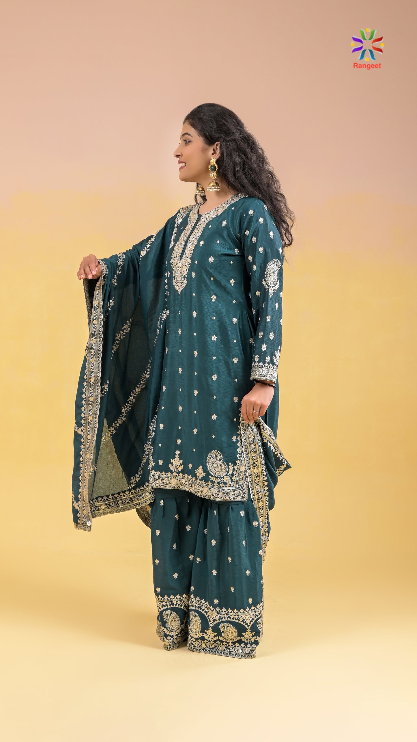 teal-green full-embroidered wedding-wear chinnon sharara set