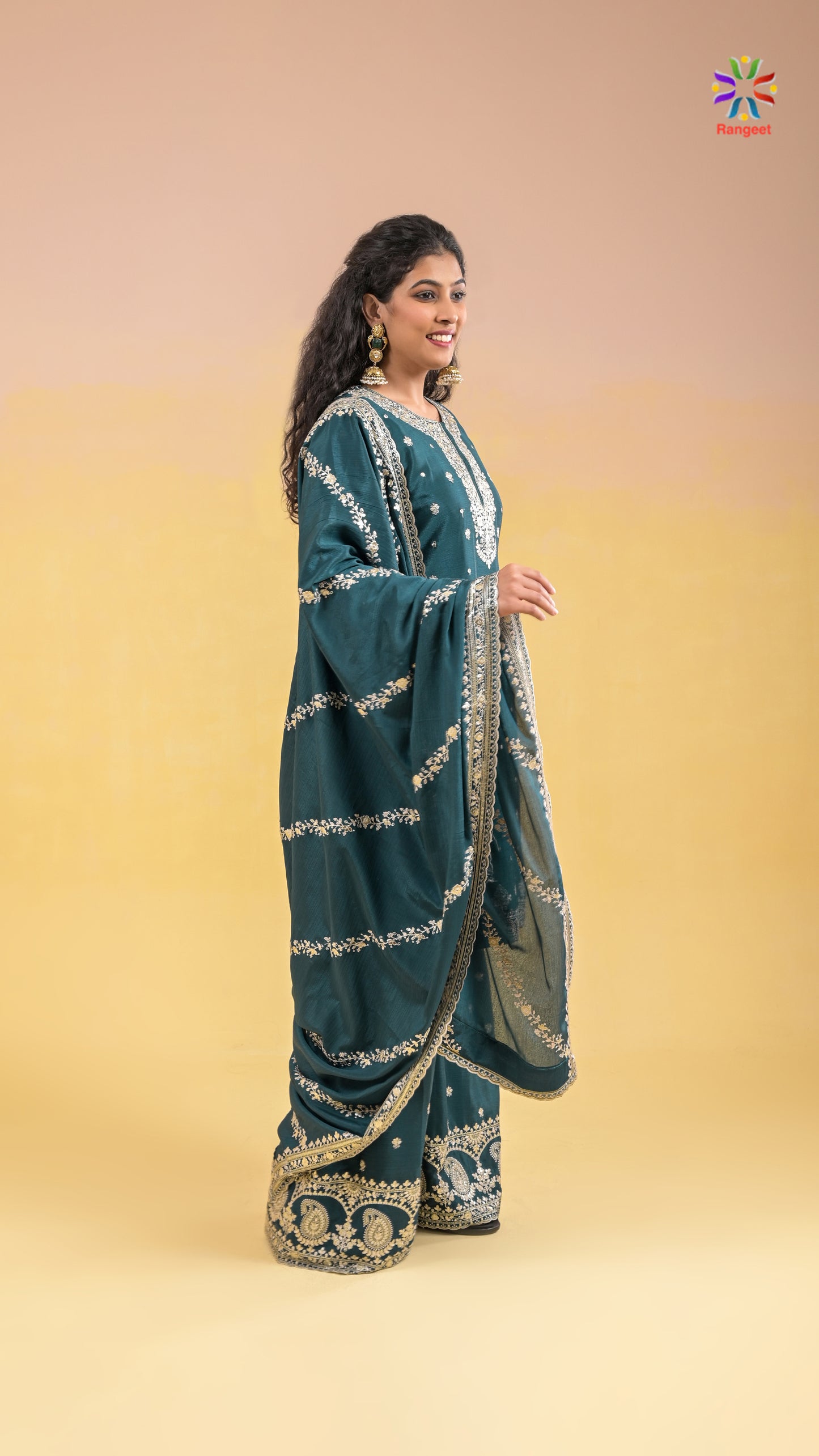 teal-green full-embroidered wedding-wear chinnon sharara set