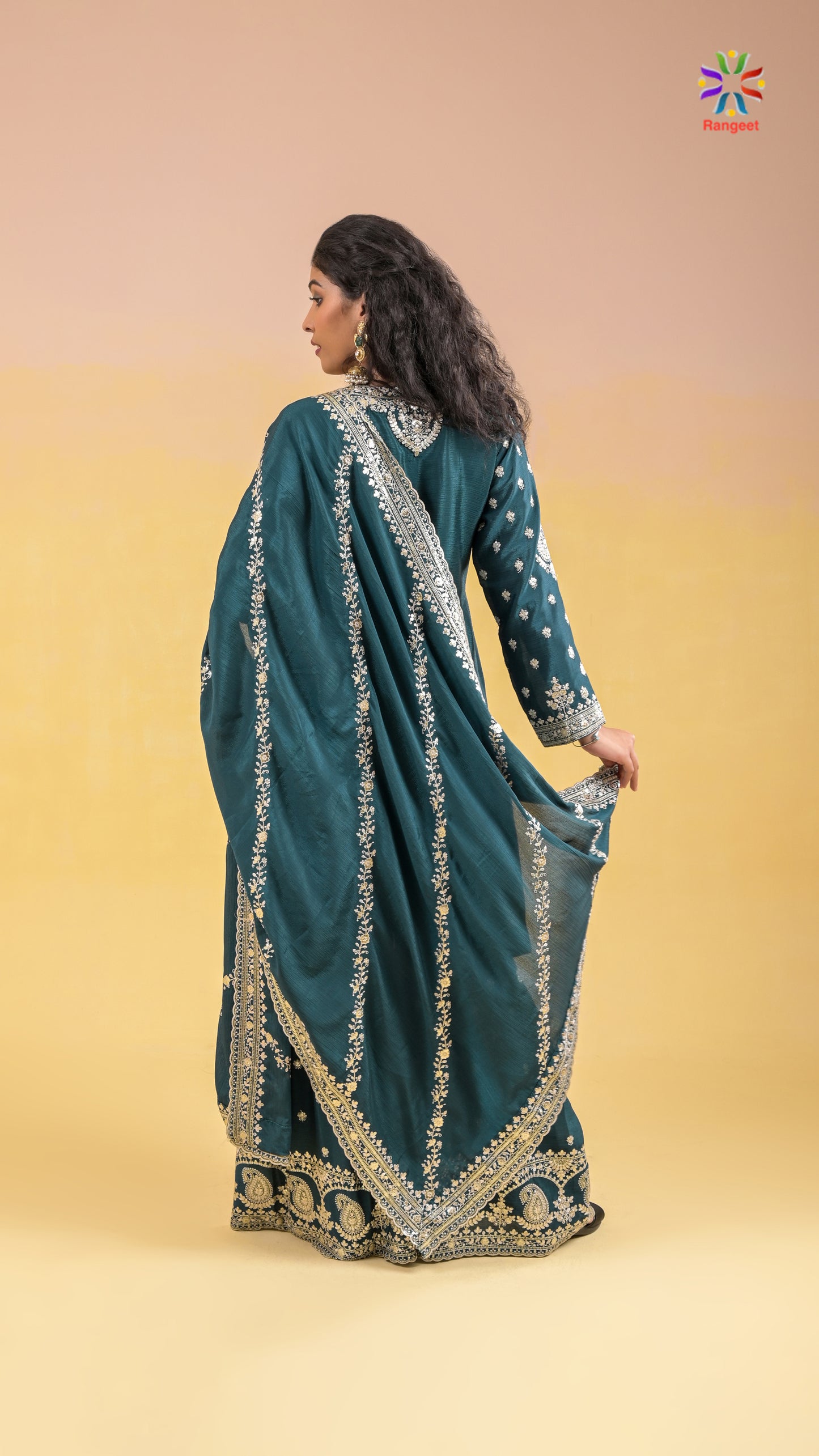 teal-green full-embroidered wedding-wear chinnon sharara set