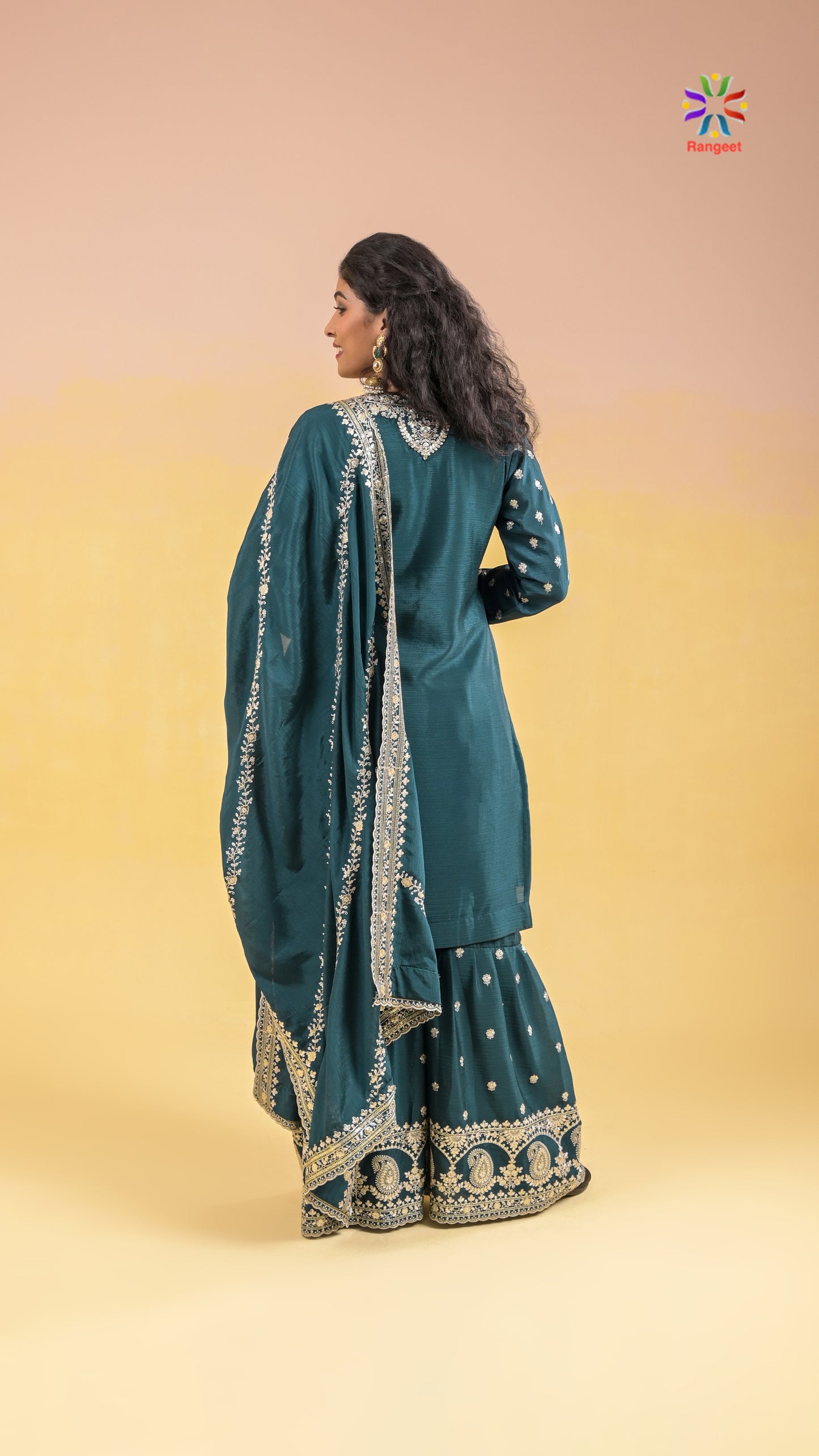 teal-green full-embroidered wedding-wear chinnon sharara set