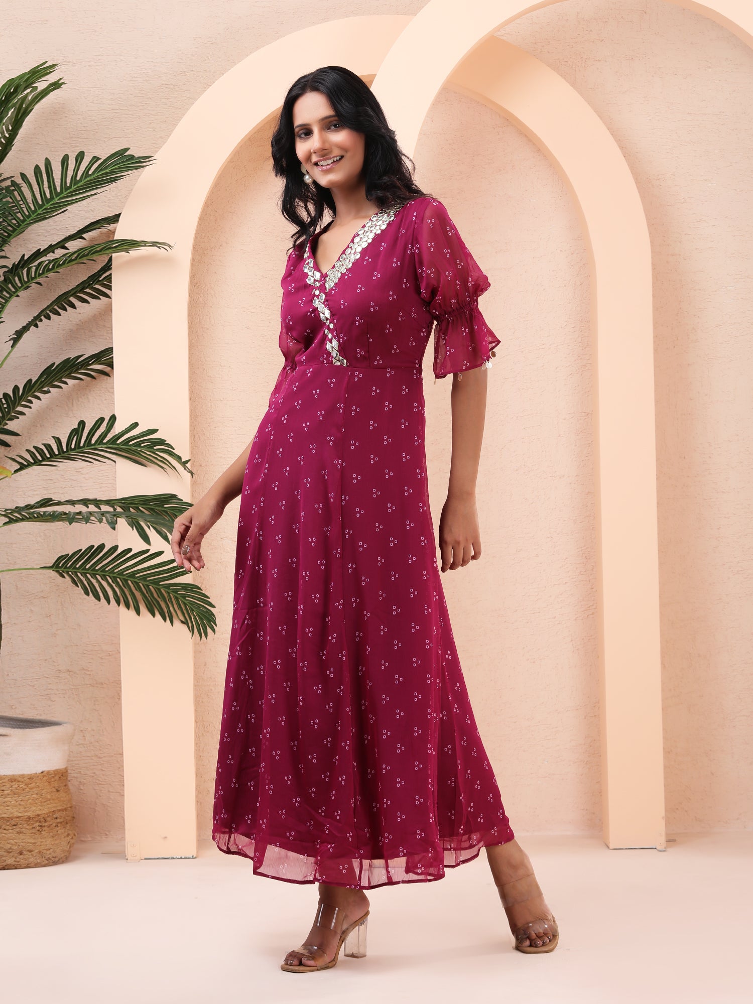 Magenta Midi Dress for Women – Mirror Work & Puff Sleeve Design Magenta / Viscose / XXL Magenta Midi Dress for Women – Mirror Work & Puff Sleeve Design Magenta / Viscose / XXL
