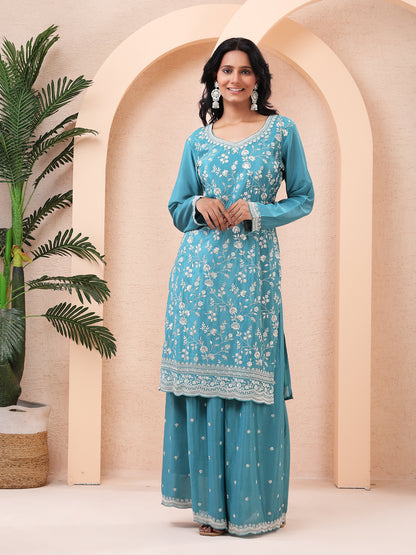 Teal Blue, Embroidered, Chinnon Silk Palazzo Suit Set with Dupatta