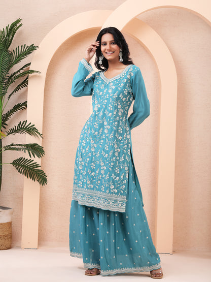 Teal Blue, Embroidered, Chinnon Silk Palazzo Suit Set with Dupatta