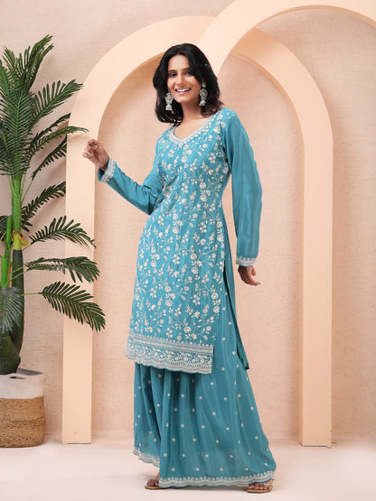 Teal Blue, Embroidered, Chinnon Silk Palazzo Suit Set with Dupatta