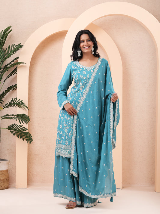 Teal Blue, Embroidered, Chinnon Silk Palazzo Suit Set with Dupatta