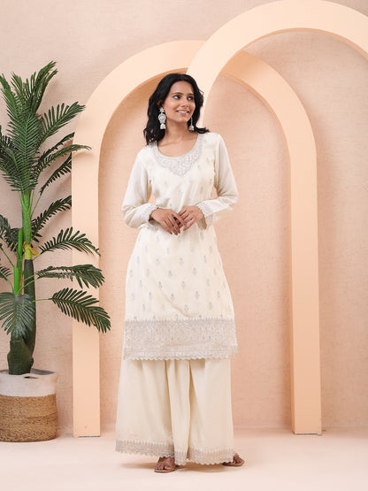 Ivory, Chinnon Silk, Zari Embroidered, Sharara Suit with Organza Digital Floral Prints Dupatta