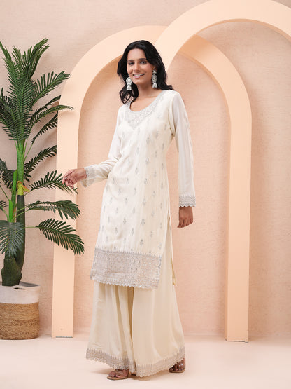 Ivory, Chinnon Silk, Zari Embroidered, Sharara Suit with Organza Digital Floral Prints Dupatta