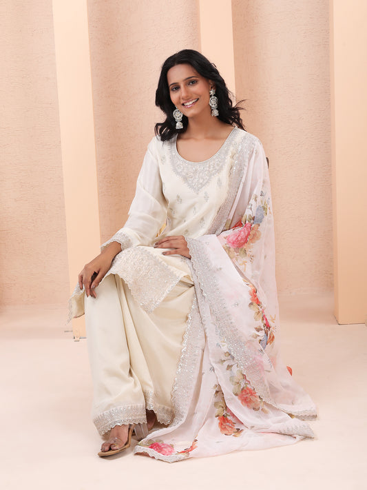 Ivory, Chinnon Silk, Zari Embroidered, Sharara Suit with Organza Digital Floral Prints Dupatta
