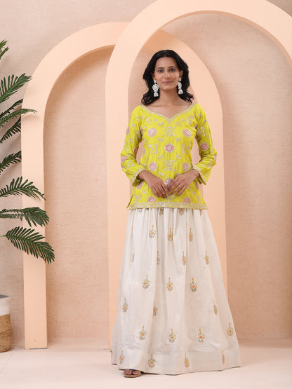 Sunshine Yellow Embroidered Short Kurta with Ivory Tissue Silk Skirt and Chinnon Silk Dupatta