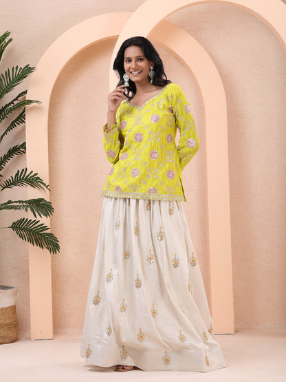 Sunshine Yellow Embroidered Short Kurta with Ivory Tissue Silk Skirt and Chinnon Silk Dupatta