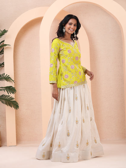 Sunshine Yellow Embroidered Short Kurta with Ivory Tissue Silk Skirt and Chinnon Silk Dupatta