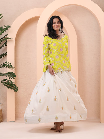 Sunshine Yellow Embroidered Short Kurta with Ivory Tissue Silk Skirt and Chinnon Silk Dupatta
