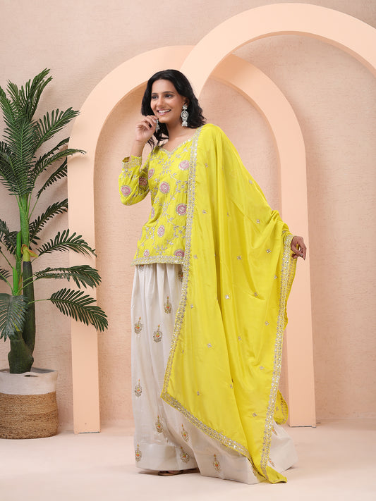 Sunshine Yellow Embroidered Short Kurta with Ivory Tissue Silk Skirt and Chinnon Silk Dupatta