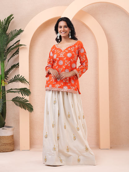 Vibrant Orange Embroidered Chinnon Silk Kurta with Ivory Tissue Silk Skirt and Dupatta