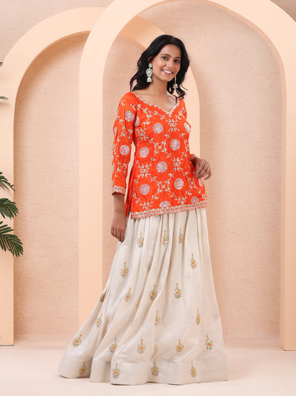 Vibrant Orange Embroidered Chinnon Silk Kurta with Ivory Tissue Silk Skirt and Dupatta