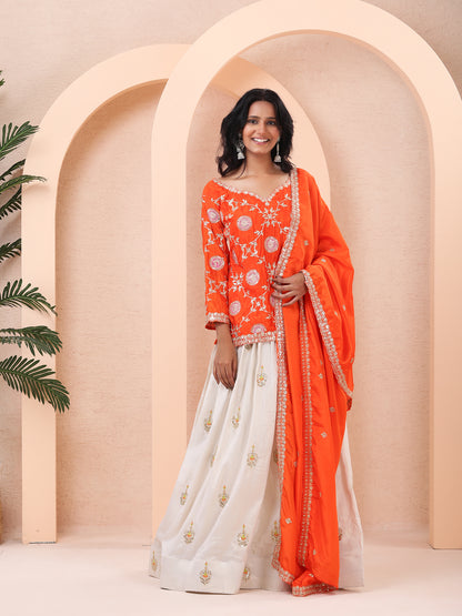 Vibrant Orange Embroidered Chinnon Silk Kurta with Ivory Tissue Silk Skirt and Dupatta