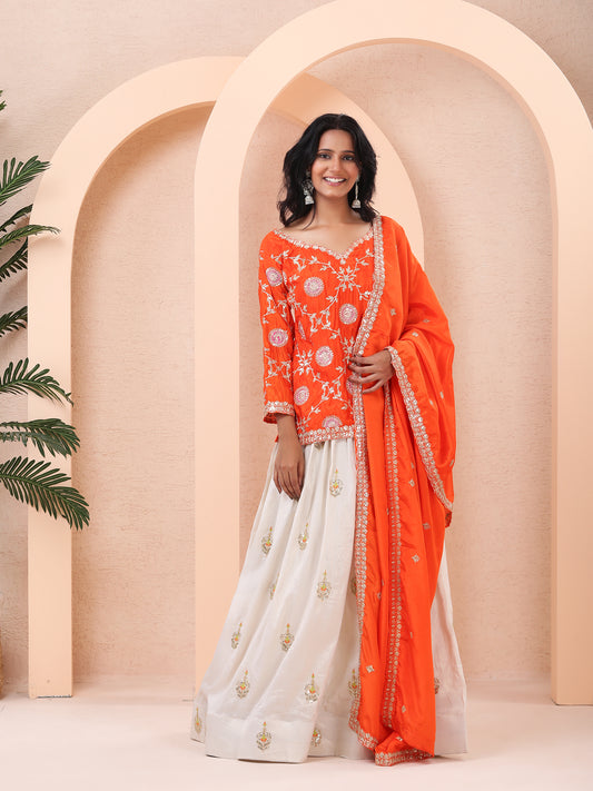 Vibrant Orange Embroidered Chinnon Silk Kurta with Ivory Tissue Silk Skirt and Dupatta