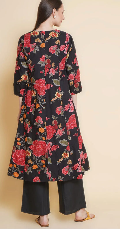 Black Floral Print Cotton Embroidered Jacket