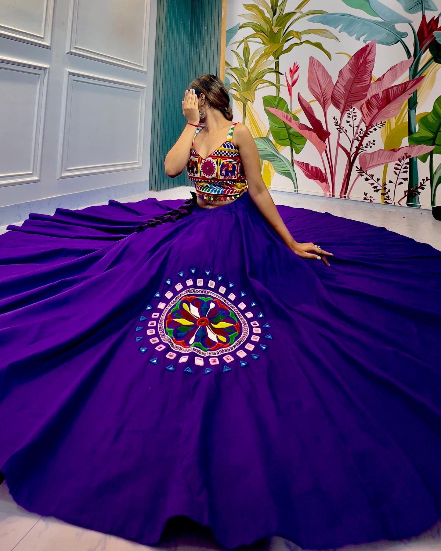 purple, mirror and thread work embroidery, stylish crop top, cotton , chaniya choli set