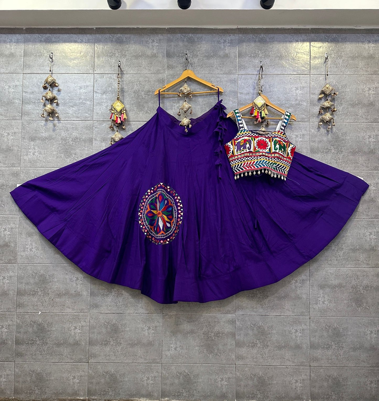 purple, mirror and thread work embroidery, stylish crop top, cotton , chaniya choli set