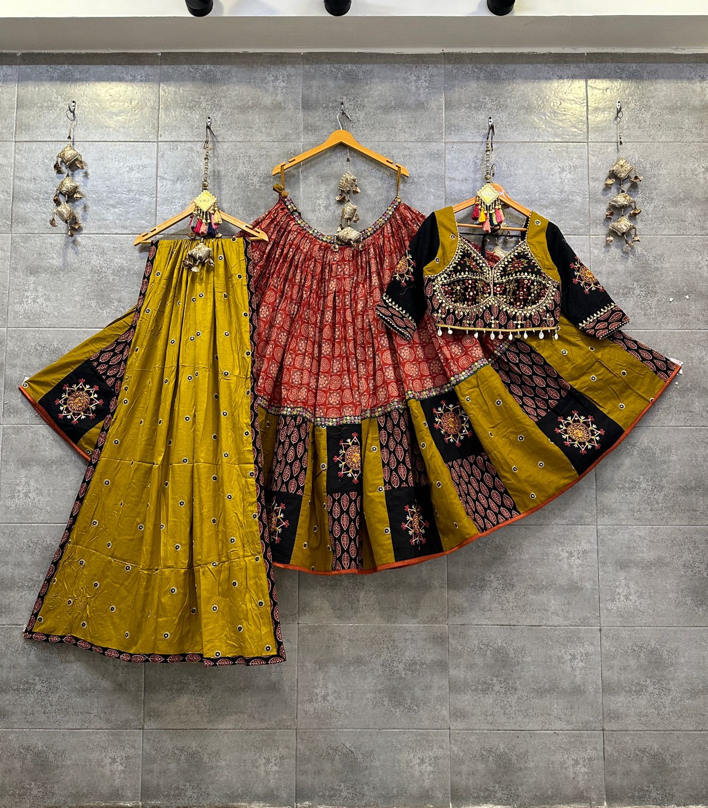 red n mustard, ajrakh print, kutch work blouse, 10 meter flare, chaniya choli set