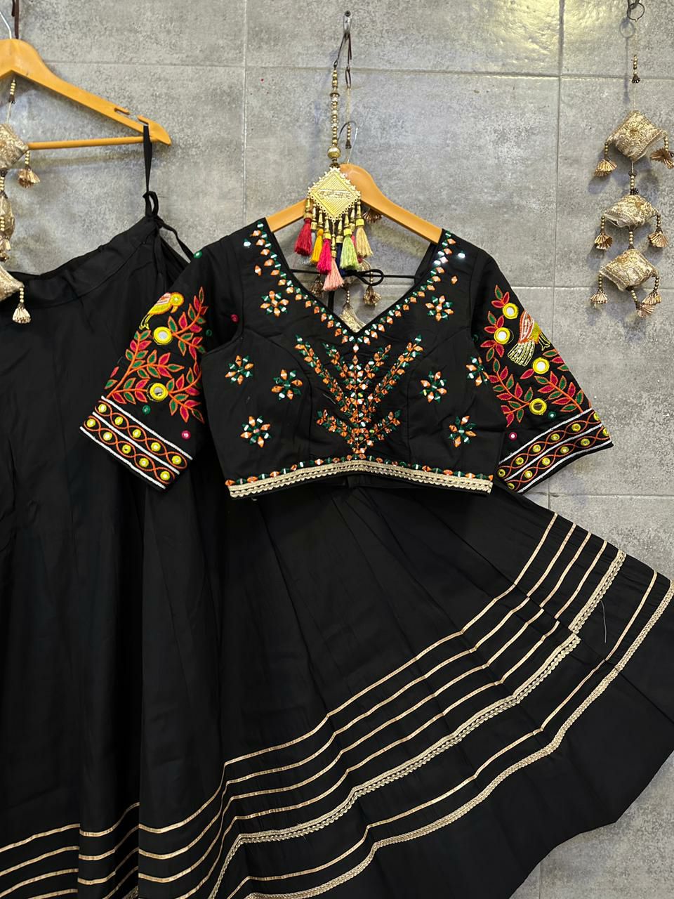 black, skirt with gota work, intricate mirror & thread work embroidery on blouse, roman silk chaniya choli set