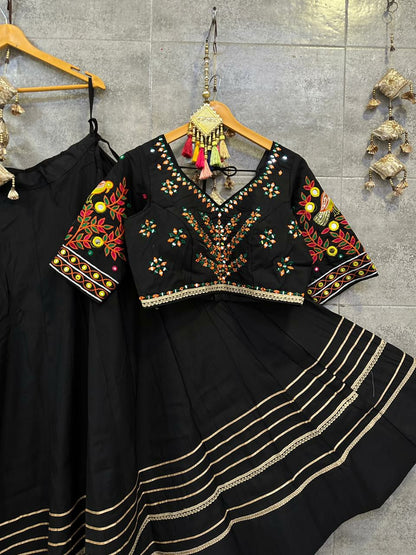 Black, Skirt with Gota Work, Intricate Mirror & Thread Work Embroidery on Blouse, Roman Silk Chaniya Choli Set