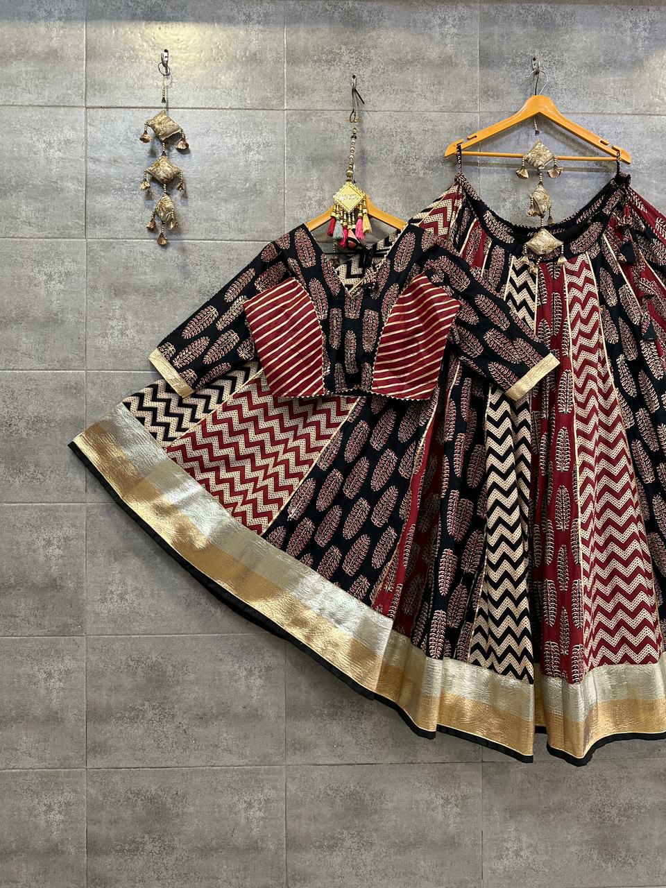 earthy colors,  ajrakh n block print, two tone lumpi border, cotton,  chaniya choli  set