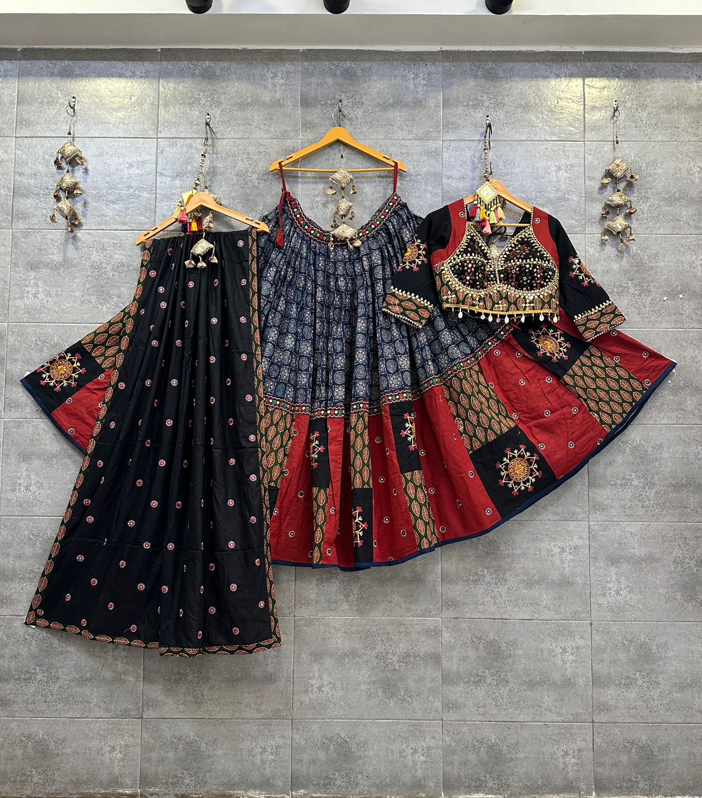 blue n red, ajrakh & block print, kutch work, 10 meter flare, cotton, chaniya choli set