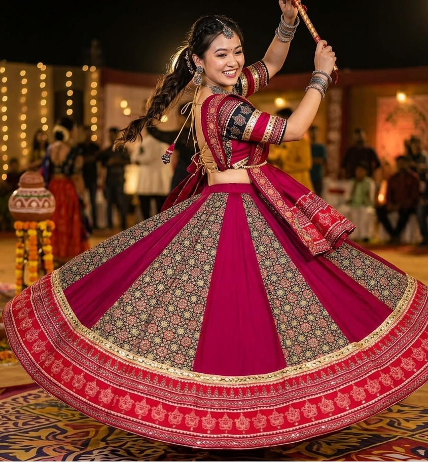 crimson & midnight ajrakh-print garba chaniya choli set