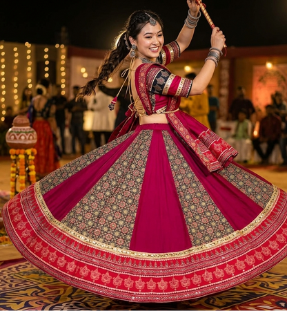 Crimson & Midnight Ajrakh-Print Garba Chaniya Choli Set