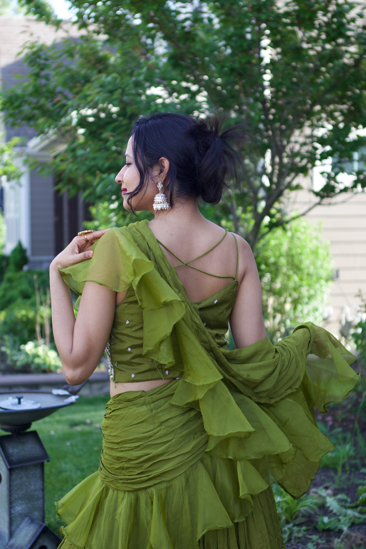 green lehnga with ruffle dupatta