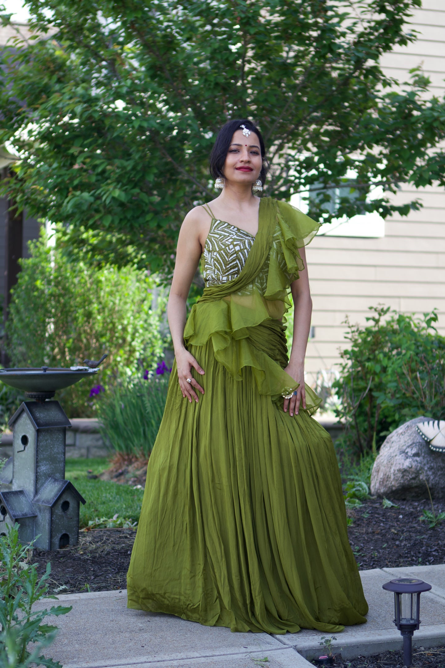 green lehnga with ruffle dupatta