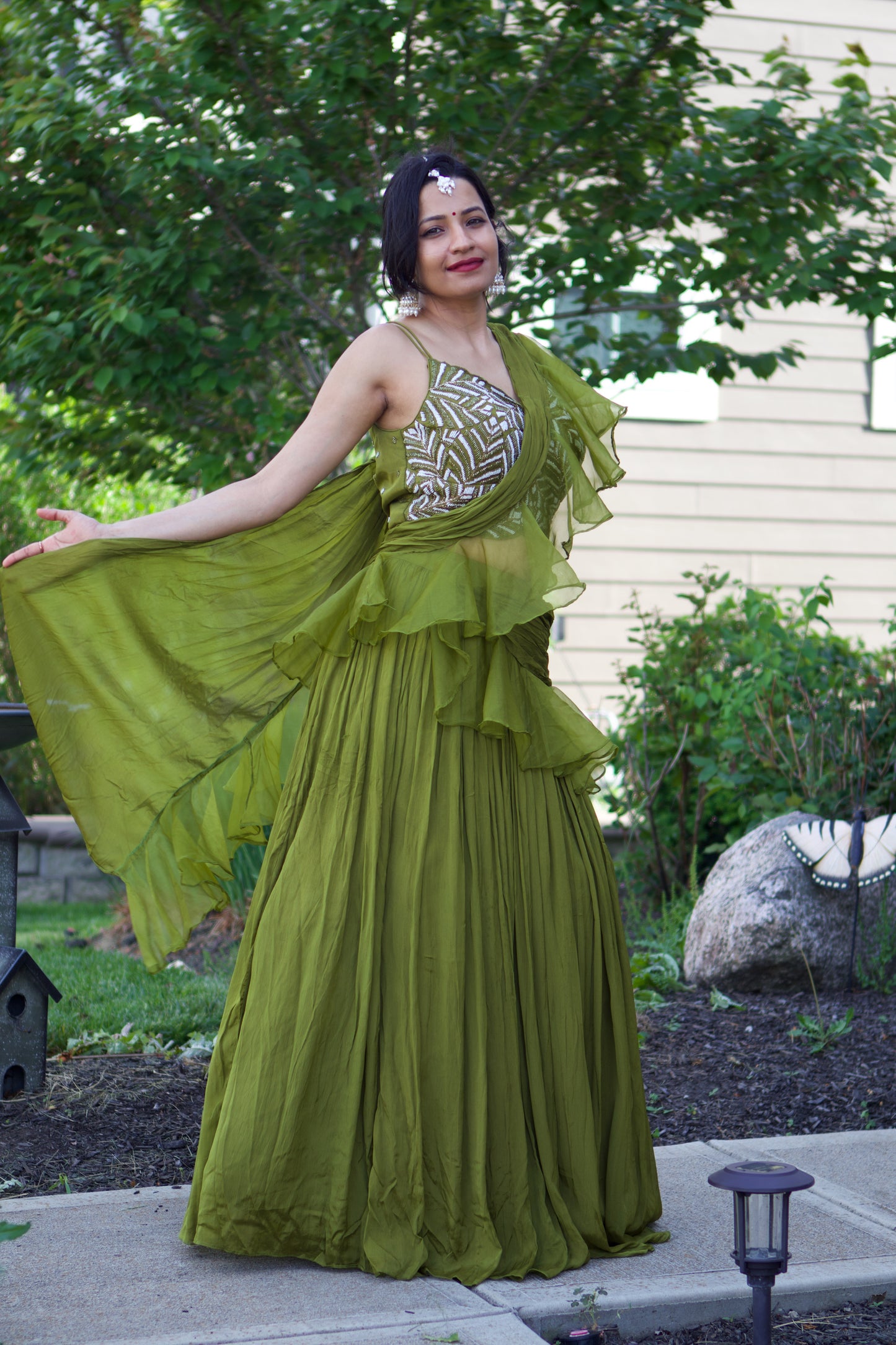 green lehnga with ruffle dupatta