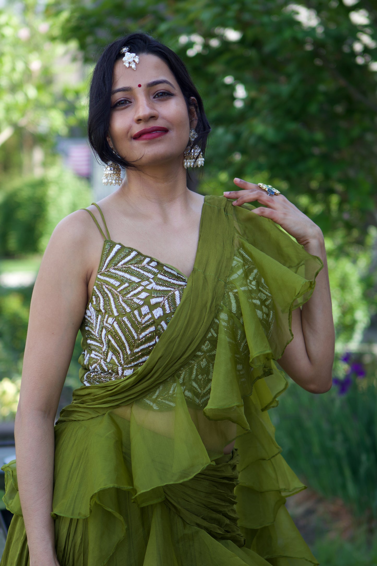 green lehnga with ruffle dupatta