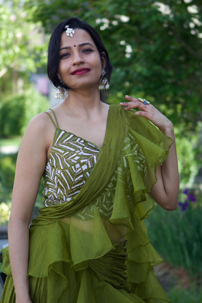 Green Lehnga with Ruffle dupatta