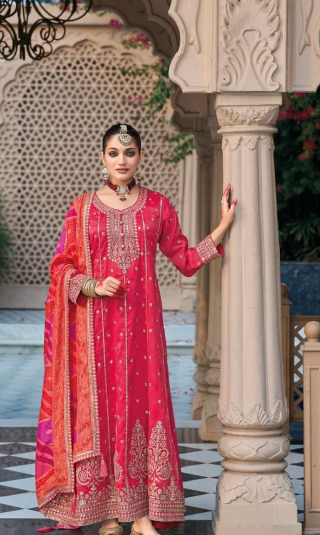 Hot-Pink, Silk, designer Indo western Gown with Orange Dupatta Hot Pink / L / Tissue Zari Hot-Pink, Silk, designer Indo western Gown with Orange Dupatta Hot Pink / L / Tissue Zari