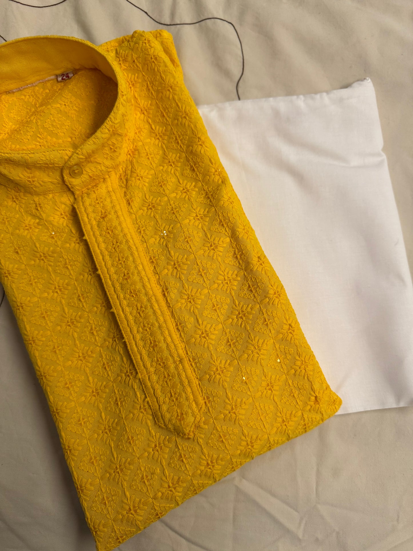 yellow,cotton,chikankari embroidery,boy's kurta pyjama set