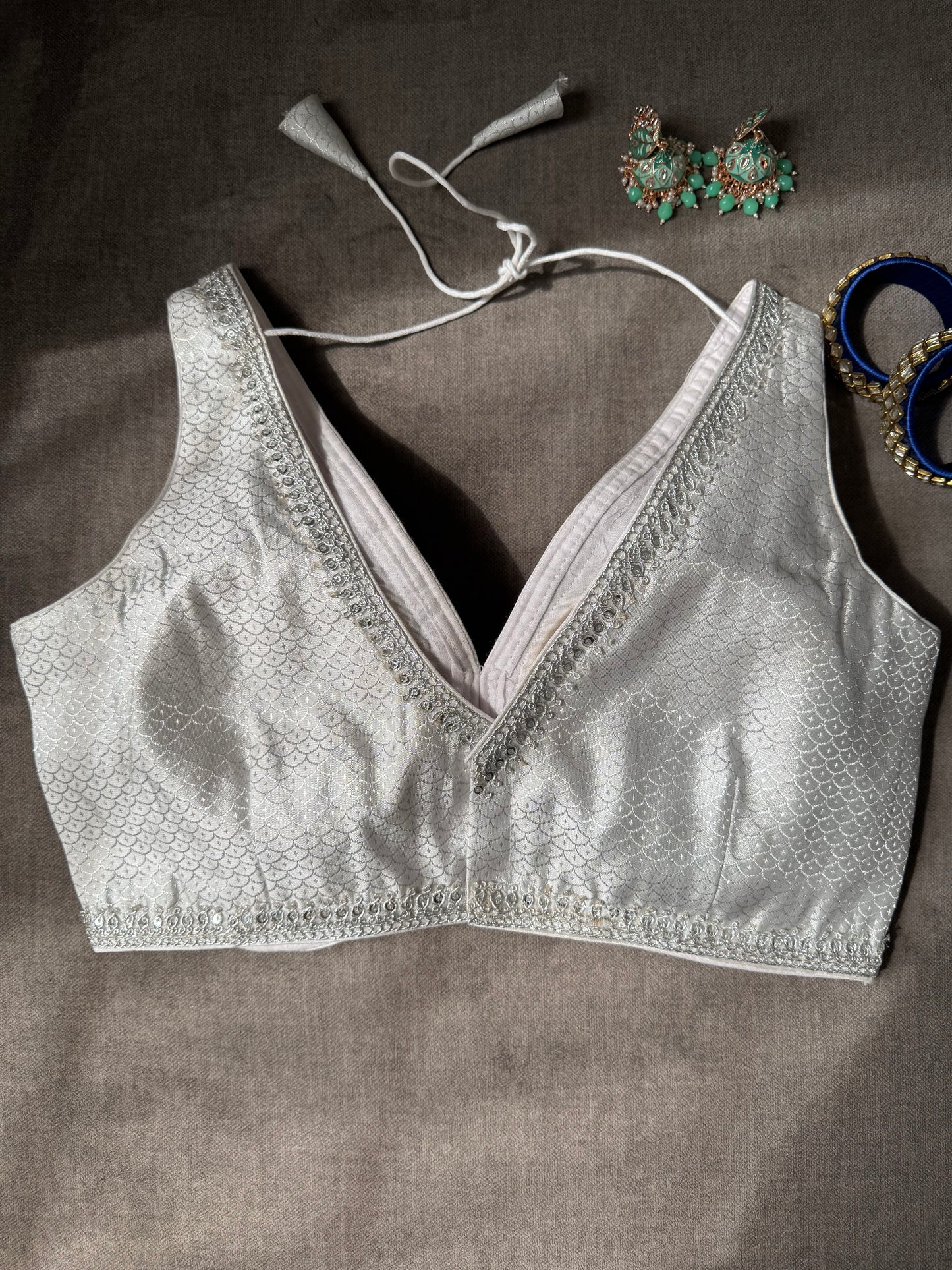 white-silver brocade silk blouse