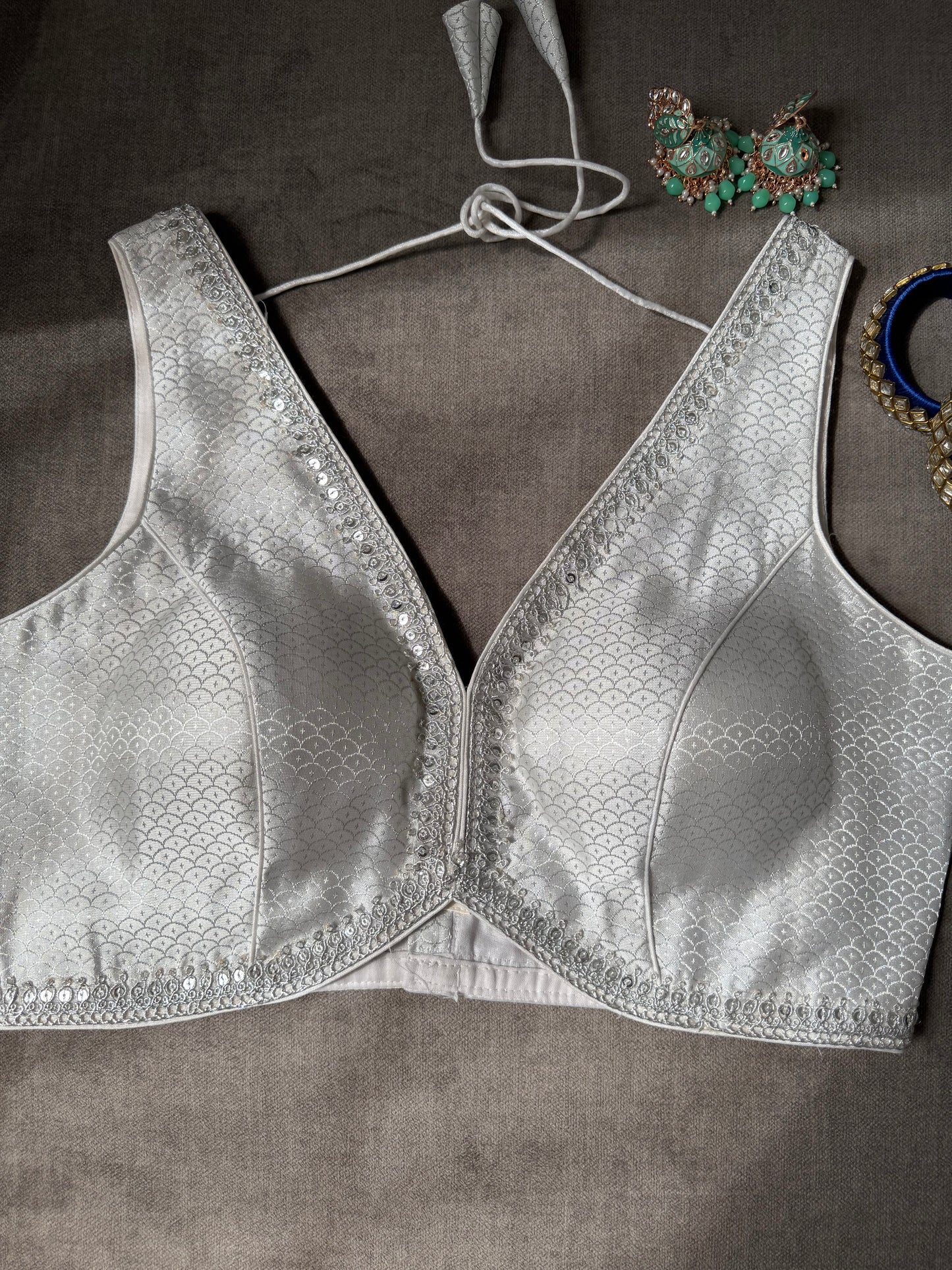 white-silver brocade silk blouse